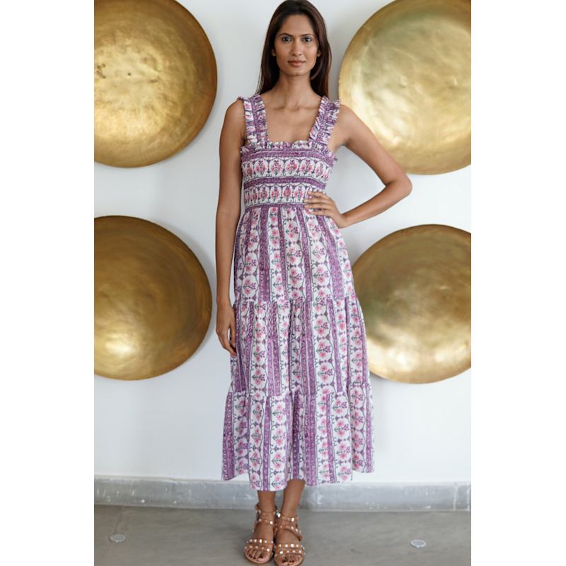 knee length dresses for ladies Cotton Lilac Purple Floral Midi Sundress with Pockets– PromGirl