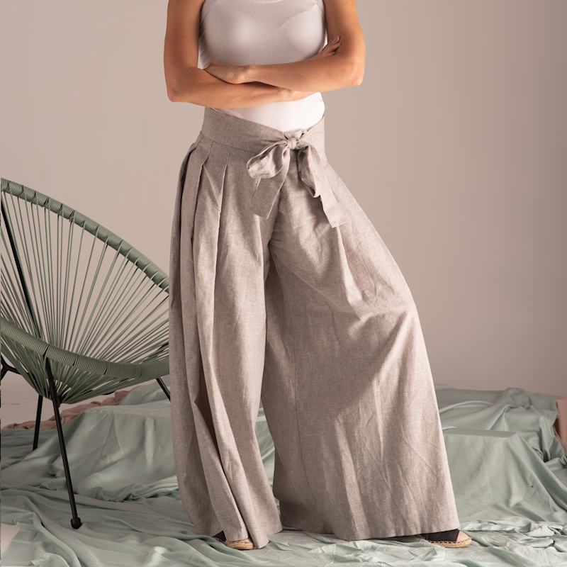 Thumbnail of Linen Gaucho Summer Trousers With Front Tie In Natural Colour image