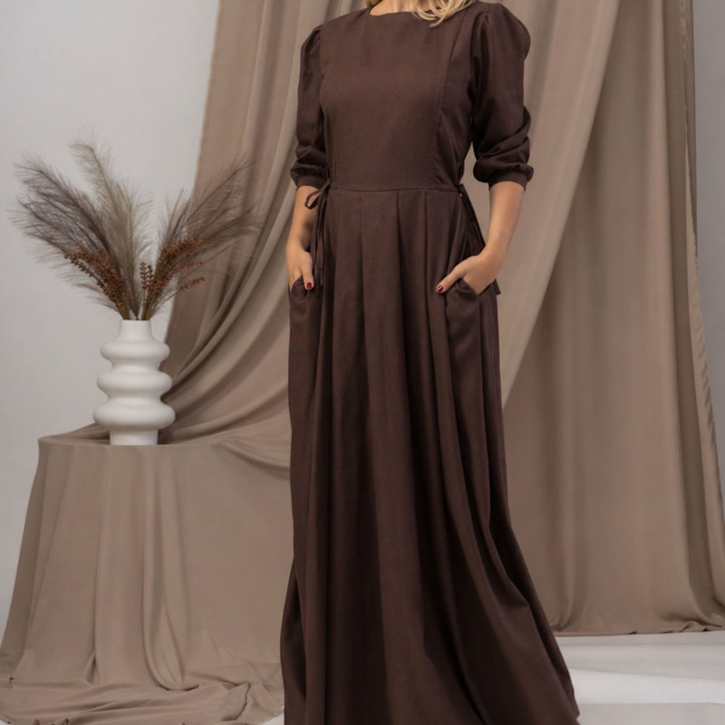 Maxi Linen A-Line Dress With Bishop Sleeves And Pockets In Chocolate Color by Nikka Place