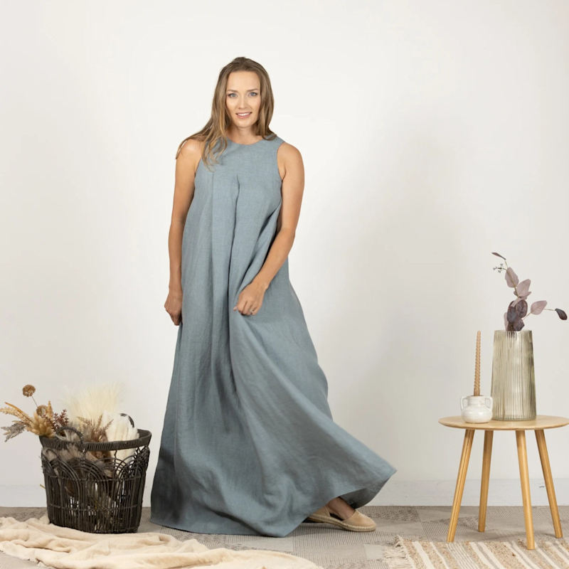 Nikka Place Linen Maxi Dress With Pockets - Blue