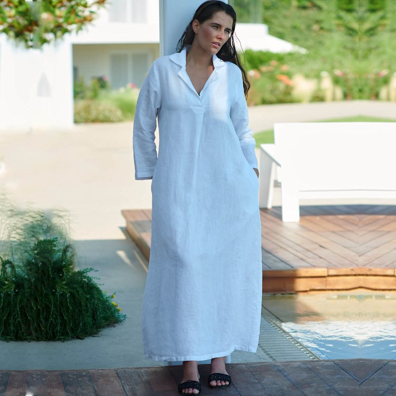 Haris Cotton Maxi Linen Dress with Pleat and Lapels - White