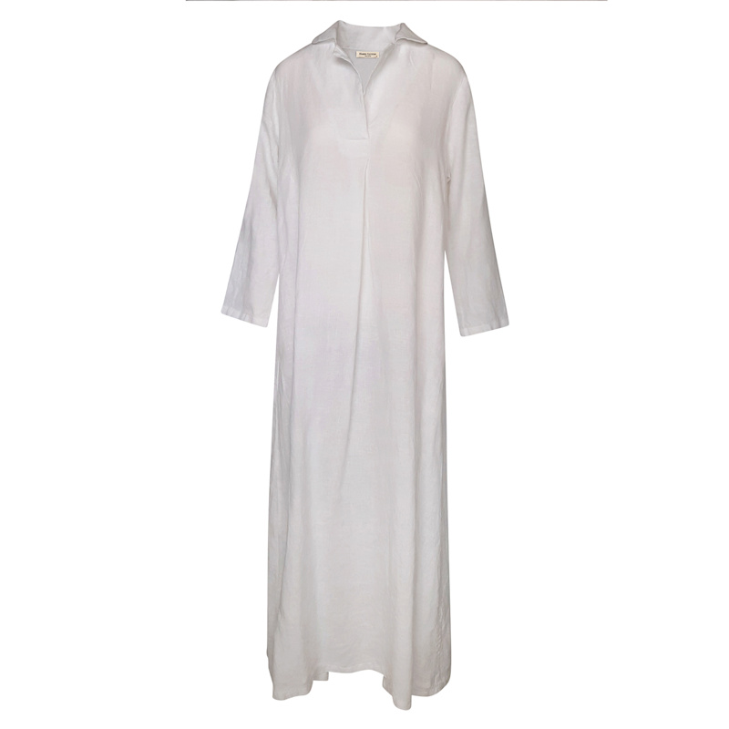 Haris Cotton Maxi Linen Dress With Pleat And Lapels - White