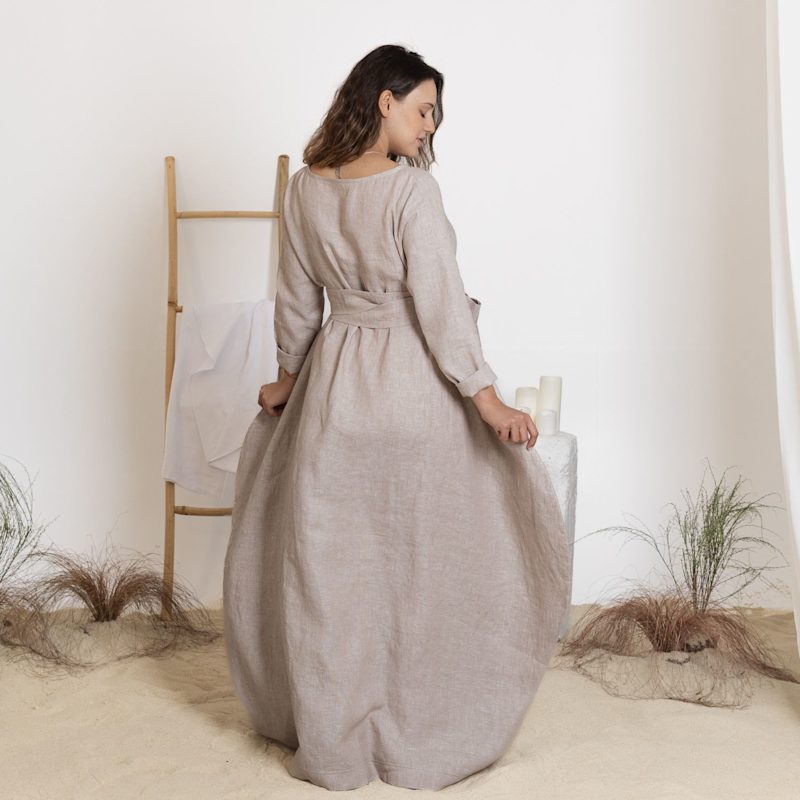 Thumbnail of Linen Maxi Maternity Dress With Empire Waist Tie And Long Sleeves In Natural Colour image