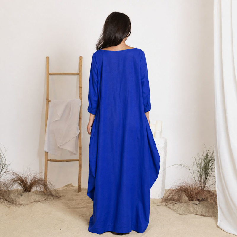 Thumbnail of Maxi Linen Balloon Dress With Belt In Royal Blue Color image