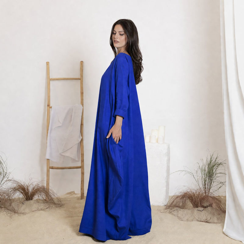 Thumbnail of Maxi Linen Balloon Dress With Belt In Royal Blue Color image