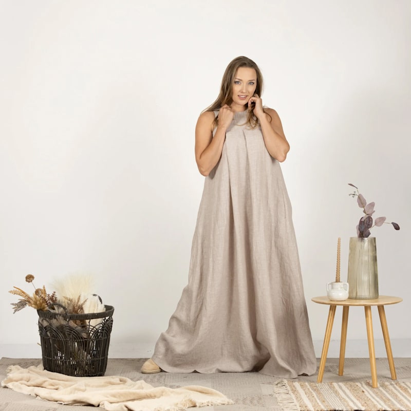 Thumbnail of Sleeveless Maxi Linen Maternity Dress With Pockets In Natural Colour image
