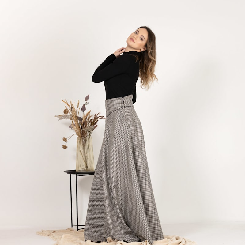 Thumbnail of Long Wool A-Line Skirt With Ultra High Waist And Pockets In Pepite Colour image