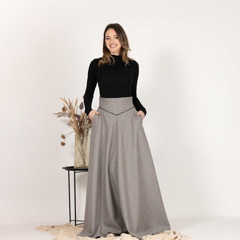 Thumbnail of Long Wool A-Line Skirt With Ultra High Waist And Pockets In Pepite Colour image