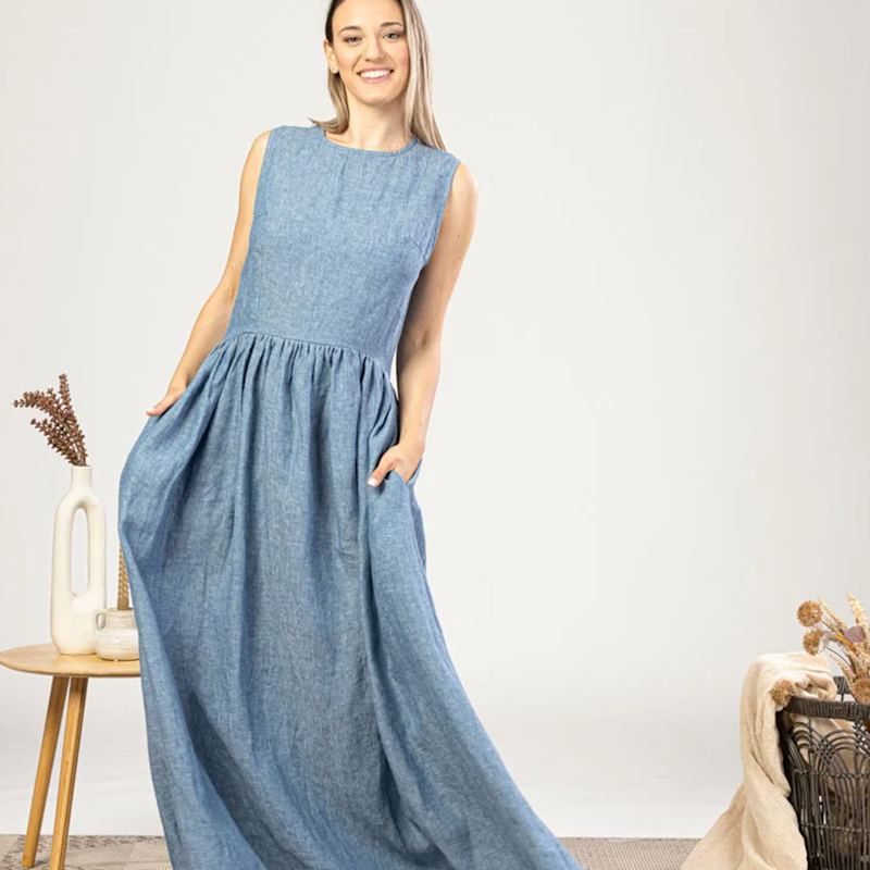 Nikka Place Linen Maxi Maternity Dress - Blue