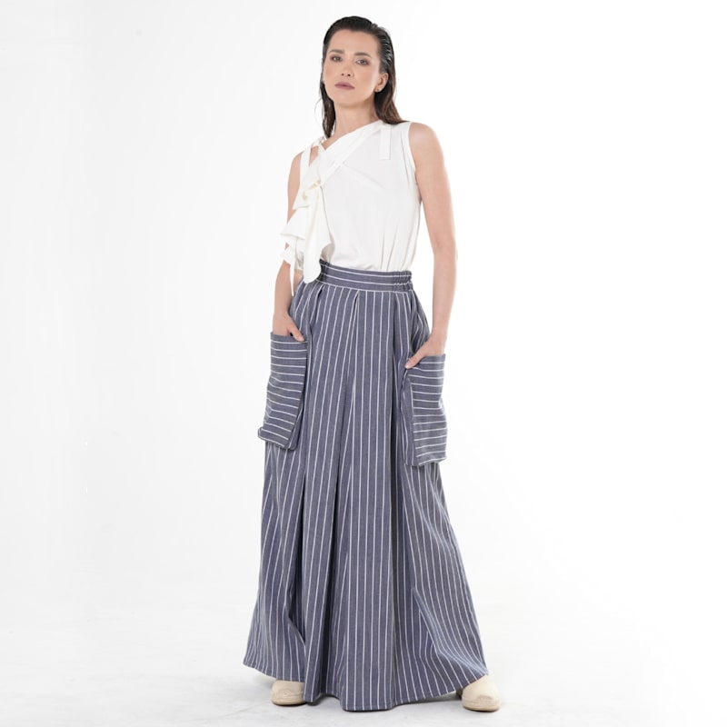 Thumbnail of Maxi Striped Denim Skirt In Dark Blue image