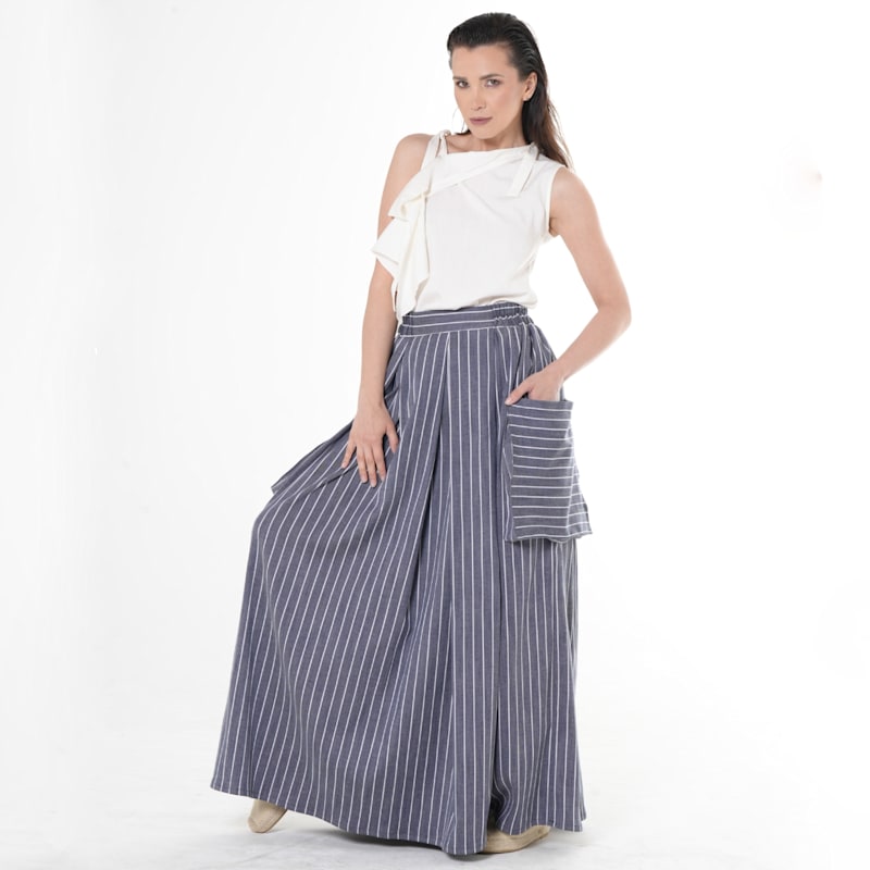 Thumbnail of Maxi Striped Denim Skirt In Dark Blue image
