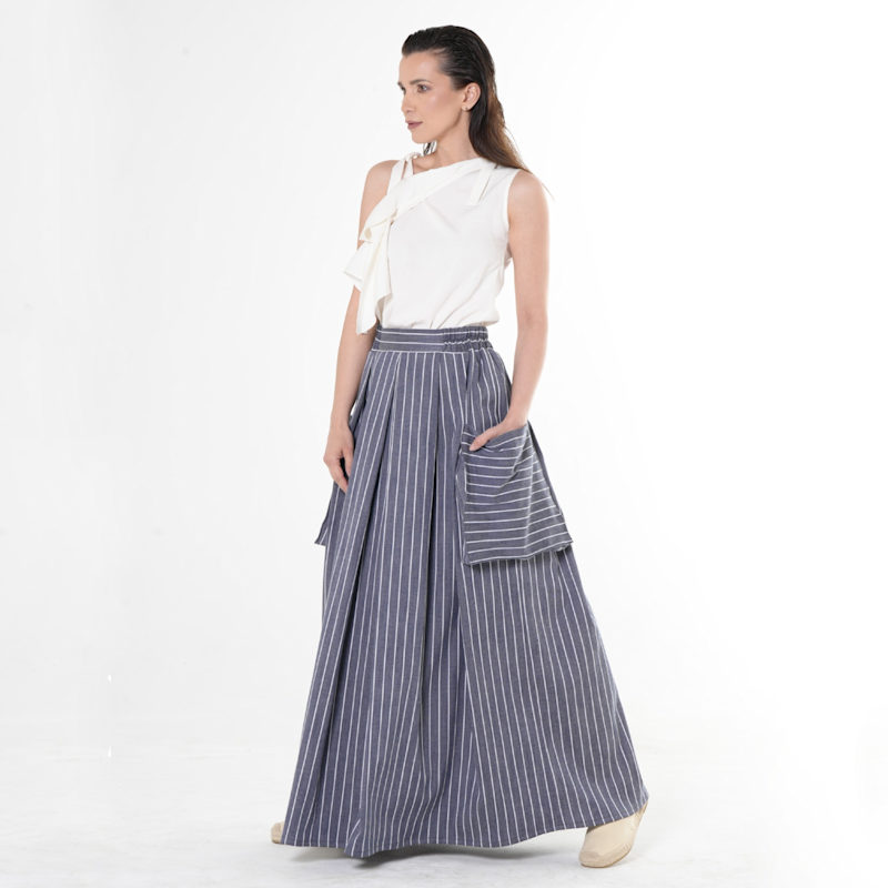 Thumbnail of Maxi Striped Denim Skirt In Dark Blue image