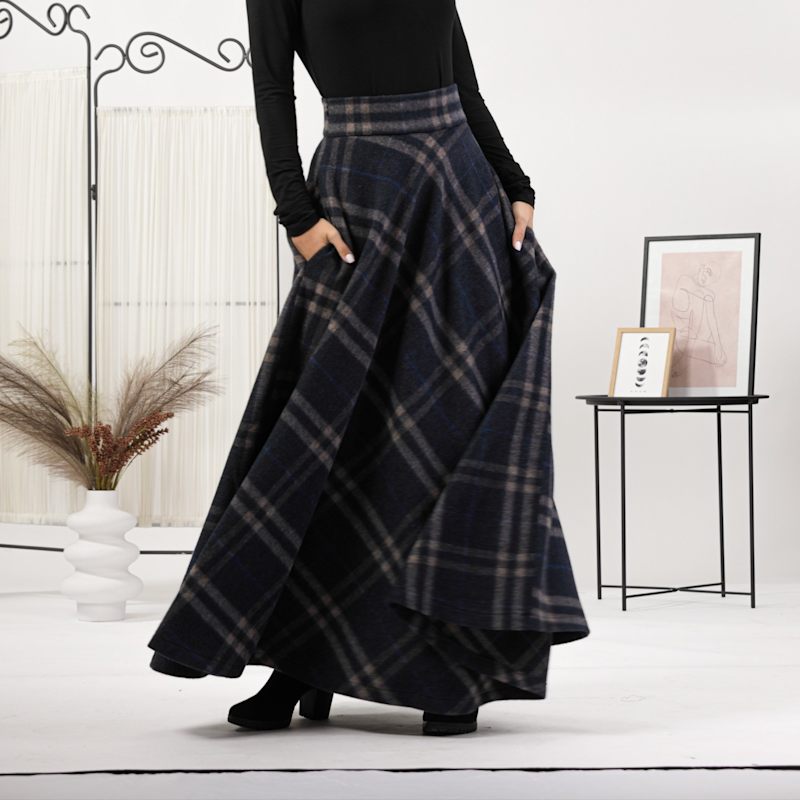【ok.soon】tartan check long skirt Wool Tartan Floor Length Skirt With High Waist And Pockets In