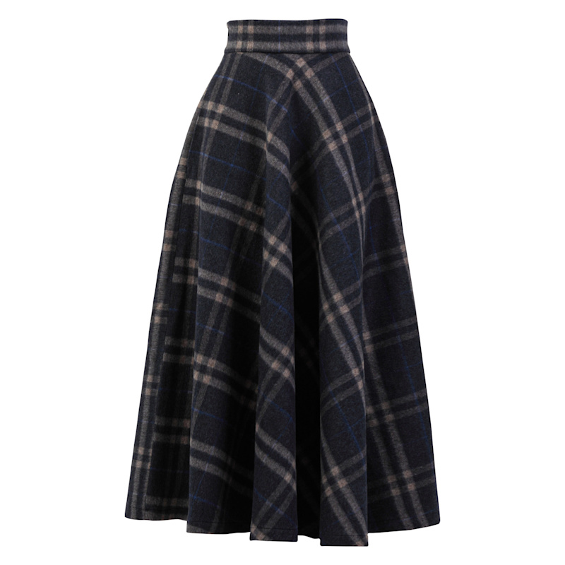 Wool Tartan Floor Length Skirt With High Waist And Pockets In
