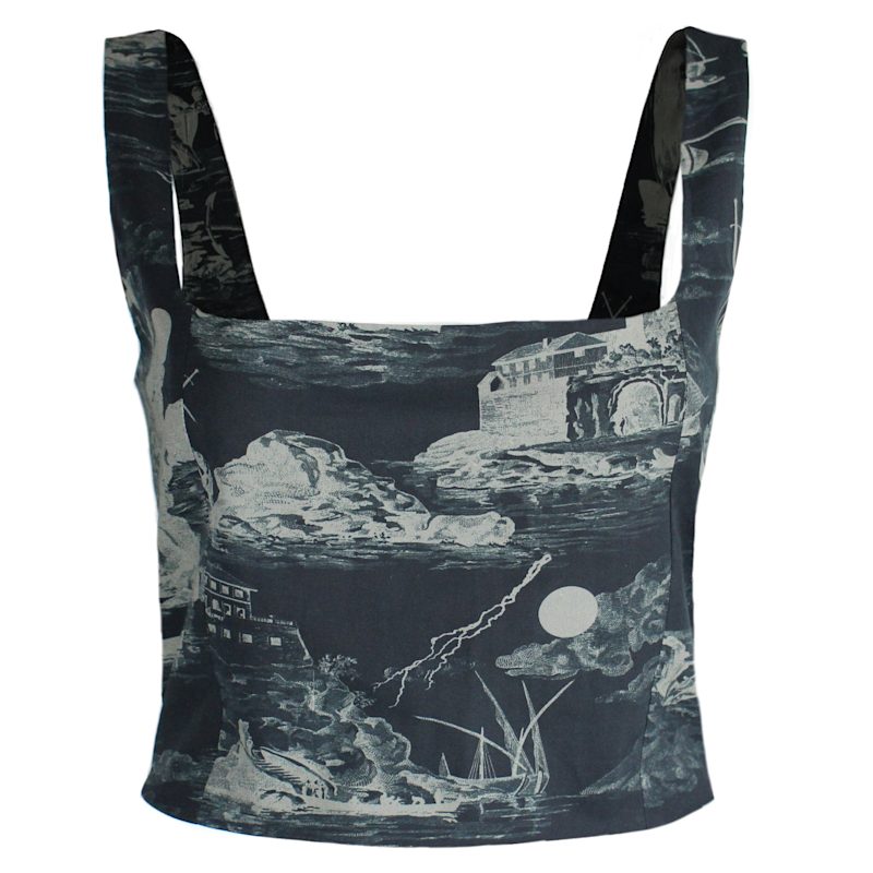 Thumbnail of May Bodice Top In Doomed Voyage Print, Black & Beige image