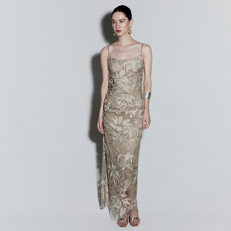 floral embroidered mesh maxi dress Women's Green Embroidery Mesh Slip Maxi Dress