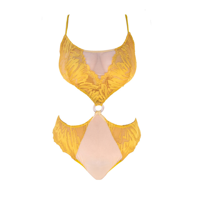 Thumbnail of Sun Coral Lace & Stretch Tulle Bodysuit With Cut Outs & Mother Of Pearl Ring image