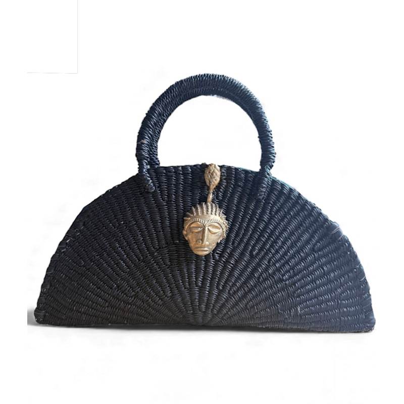 Thumbnail of Medium Kongo Handwoven Black Half-Moon Bag Brass Mask image