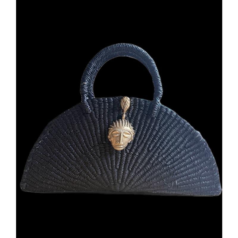 Thumbnail of Medium Kongo Handwoven Black Half-Moon Bag Brass Mask image
