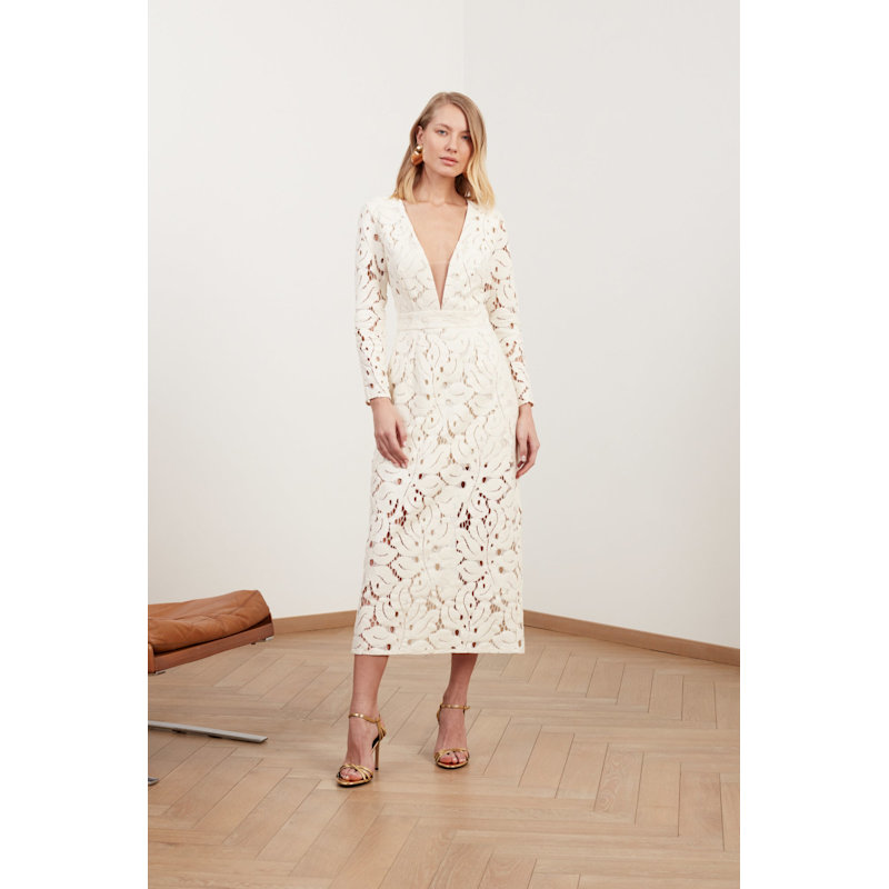 Meera White Lace Fabric V Neck Midi Wedding Dress | UNDRESS | Wolf