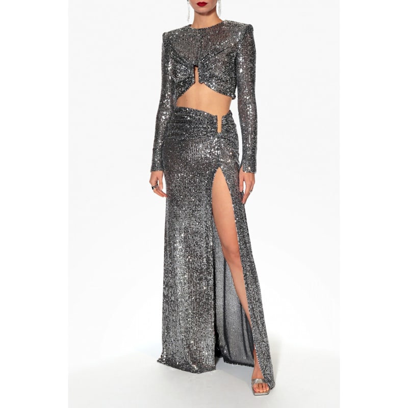 Thumbnail of Meg Silver Diamond Sequined Long Sleeve Crop Top image