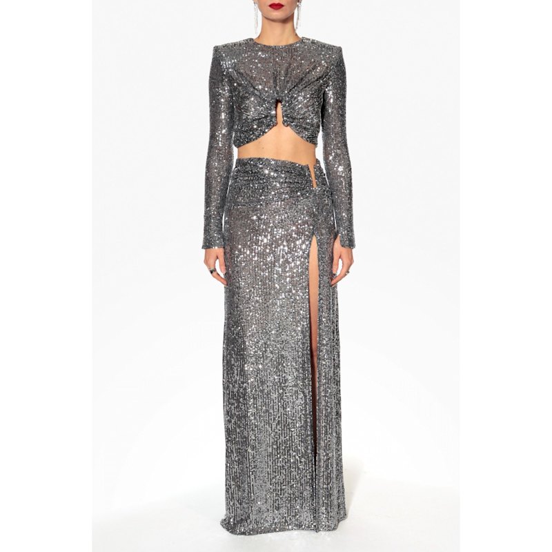 Thumbnail of Meg Silver Diamond Sequined Long Sleeve Crop Top image
