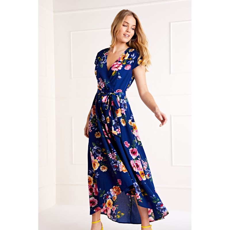 Mela Blue Floral Wrap Over Dipped Hem Midi Dress | Yumi | Wolf & Badger