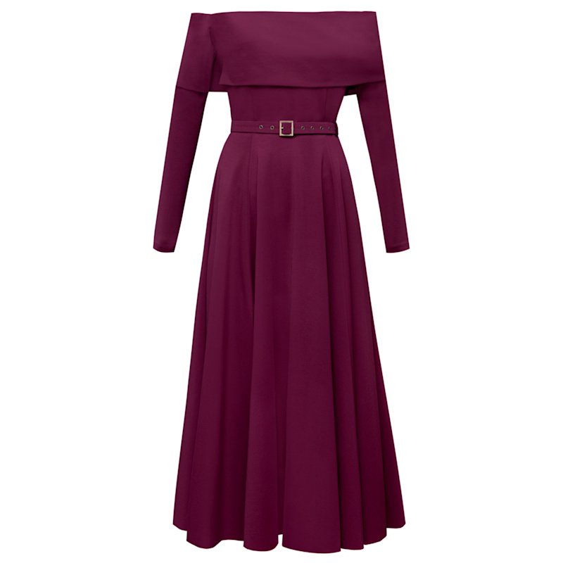 Alina Cernatescu Flared Midi Off-the-shoulder Dress With Slit - Red/purple