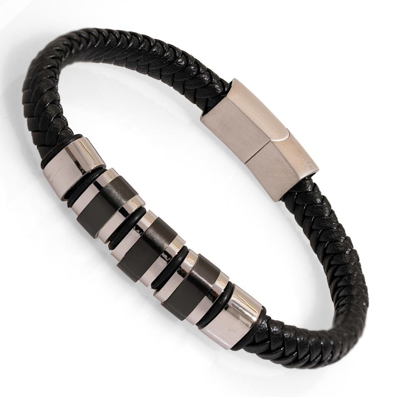 Thumbnail of Men's Fashion Style Black Leather & Silver Bracelet - Silver image