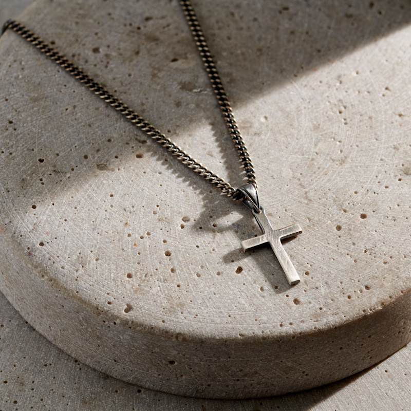 Men's Oxidised Large Silver Cross Pendant Necklace Posh Totty - Main Image