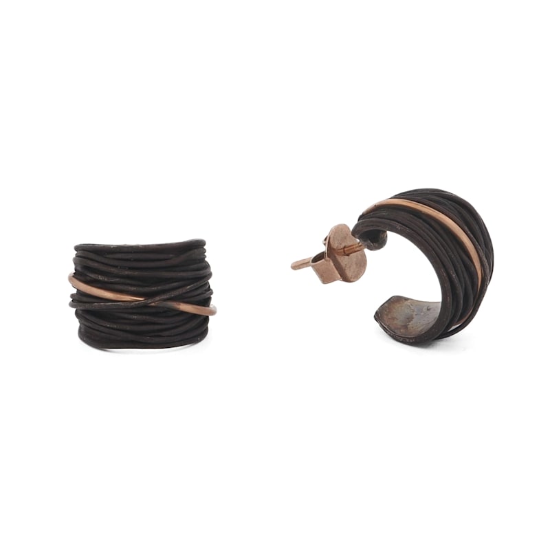 Thumbnail of Men’s Sterling Silver & Black Leather Hoop Earring With Gold Accent - Black image