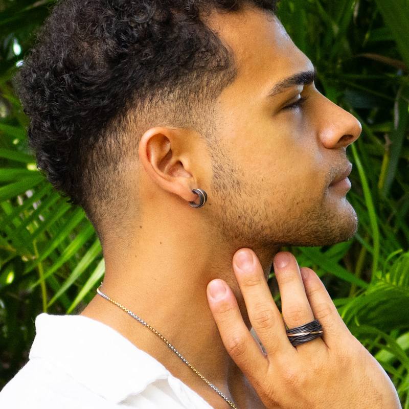 Thumbnail of Men’s Sterling Silver & Black Leather Hoop Earring With Gold Accent - Black image