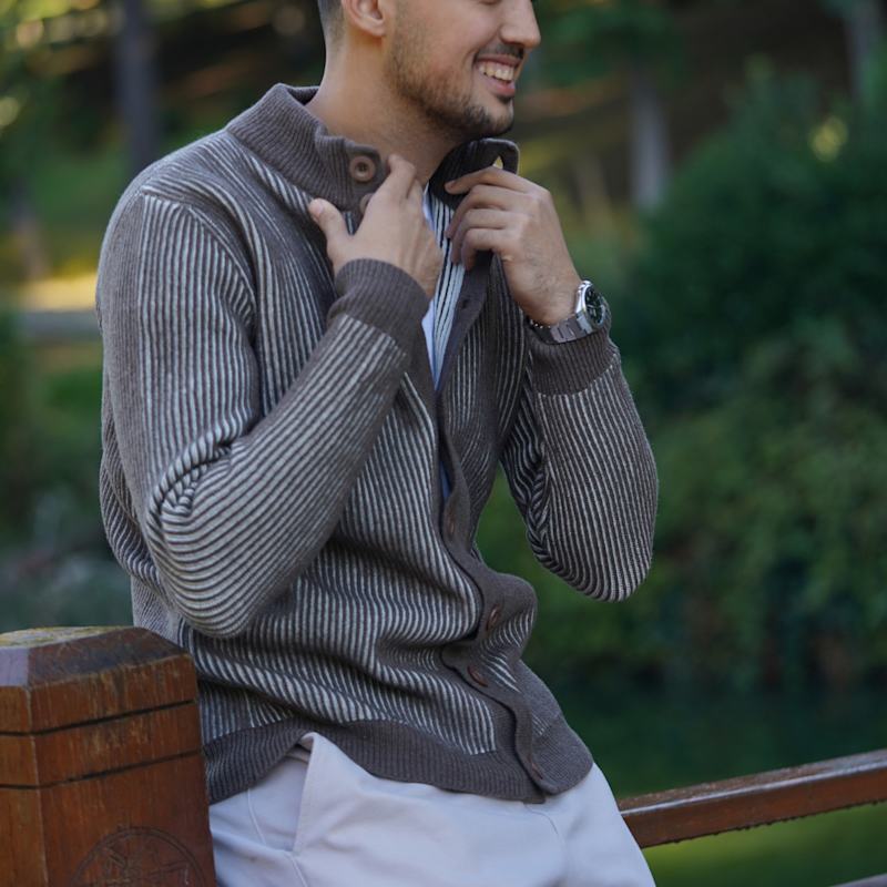 Thumbnail of Men’S Striped Milano-Stitch Cardigan – Premium Italian Wool Blend image