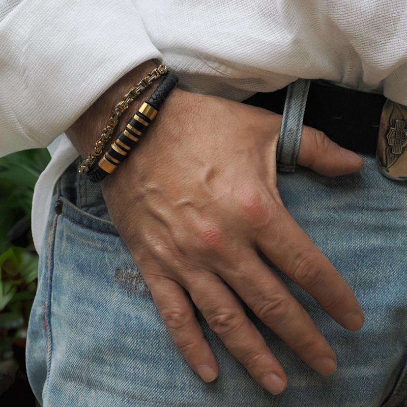 Men's Style Fashion Black Leather Gold Bracelet Gold Ebru