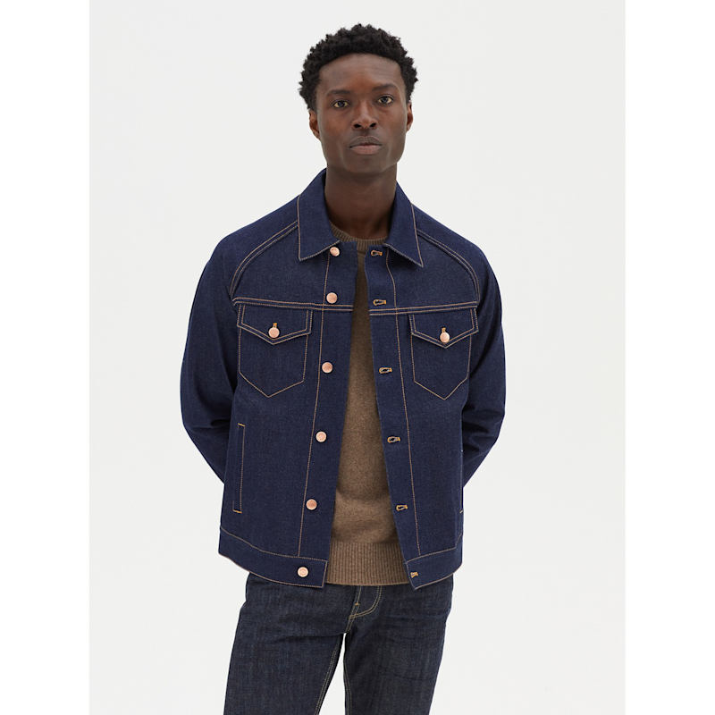 Men's Denim Jacket In Indigo Selvedge Hegarty Wolf Badger