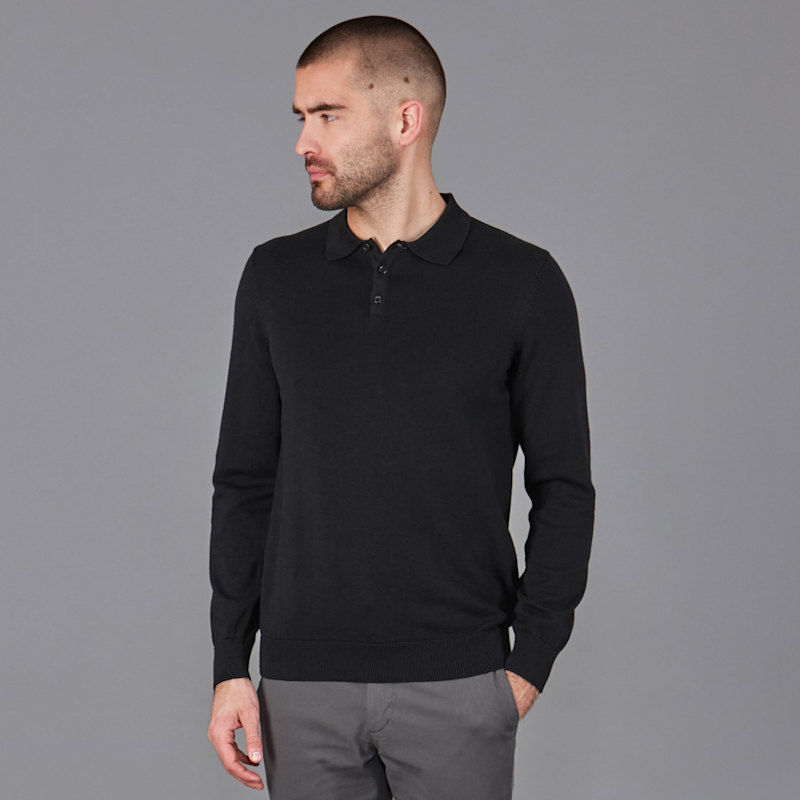 Thumbnail of Mens Cotton Hall Long Sleeve Knitted Polo Shirt - Black image