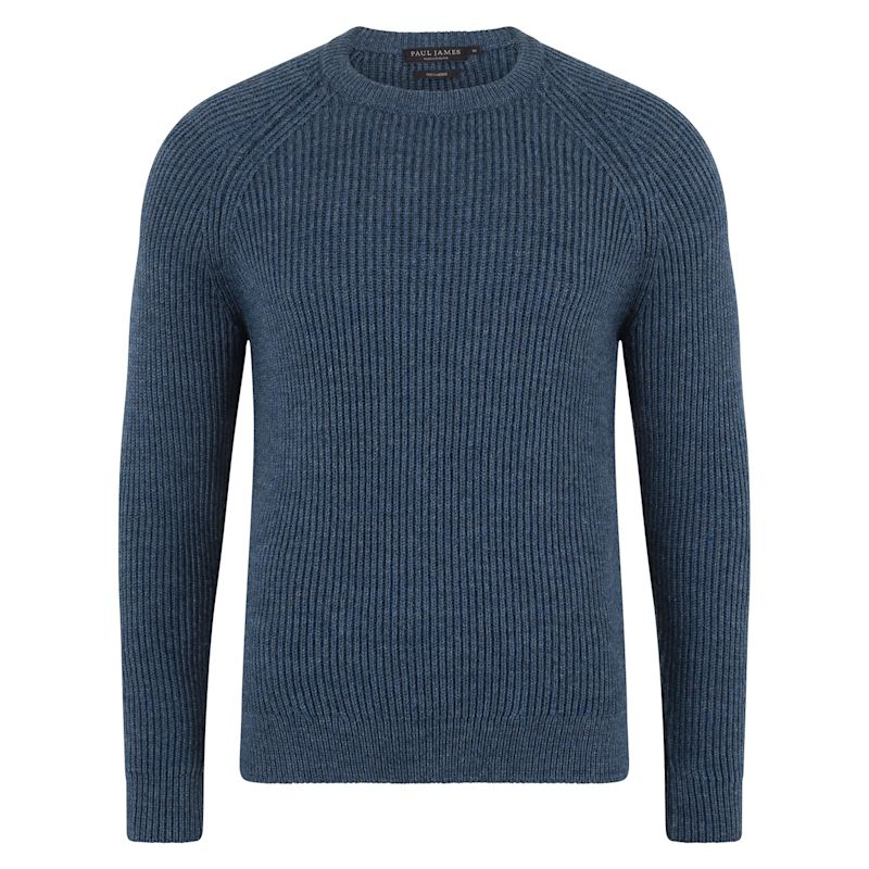 Mens Chunky Merino Wool Smith Fisherman Rib Knit Jumper Denim