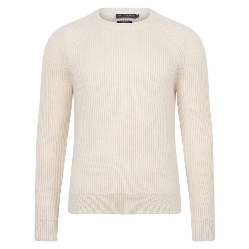 Mens Chunky Merino Wool Smith Fisherman Rib Knit Jumper Ecru