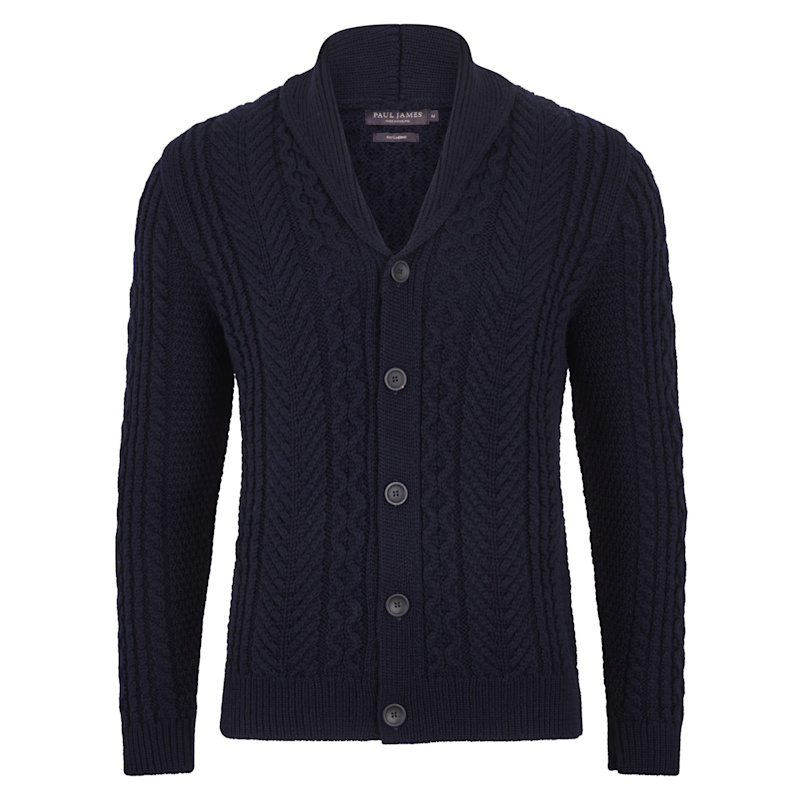 Mens Chunky Merino Wool Theodore Shawl Collar Cable Cardigan