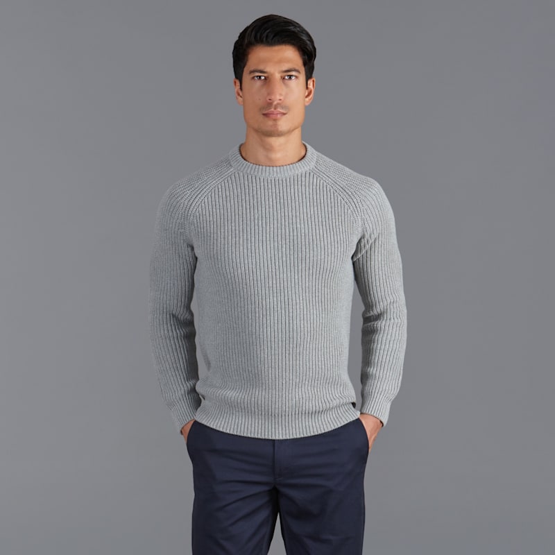 Mens Cotton Clark Fisherman Rib Knit Jumper Ash Grey Paul
