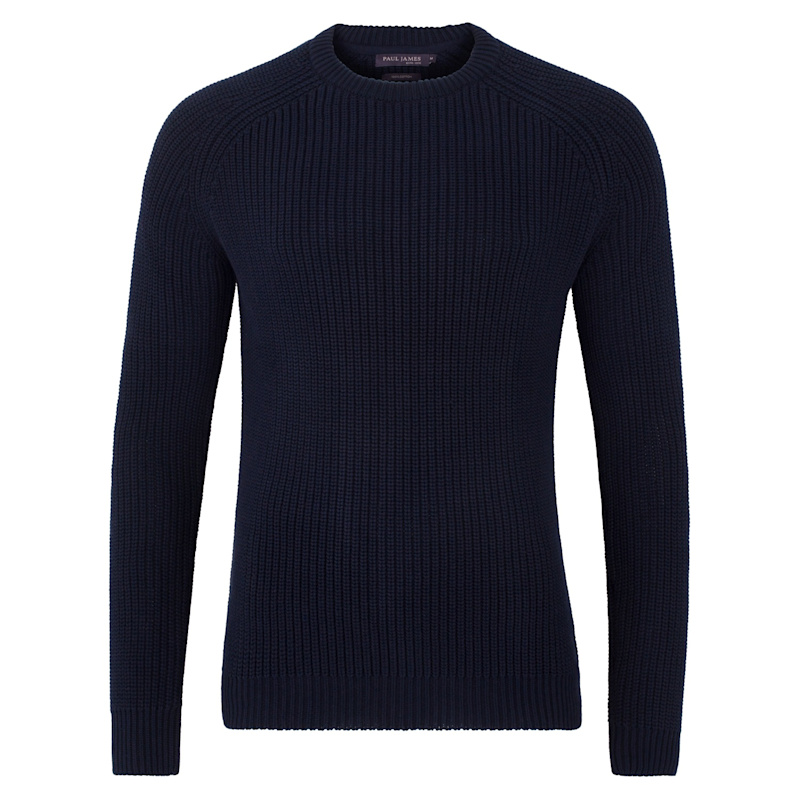 Mens Cotton Clark Fisherman Rib Knit Jumper Navy by Paul James Knitwear