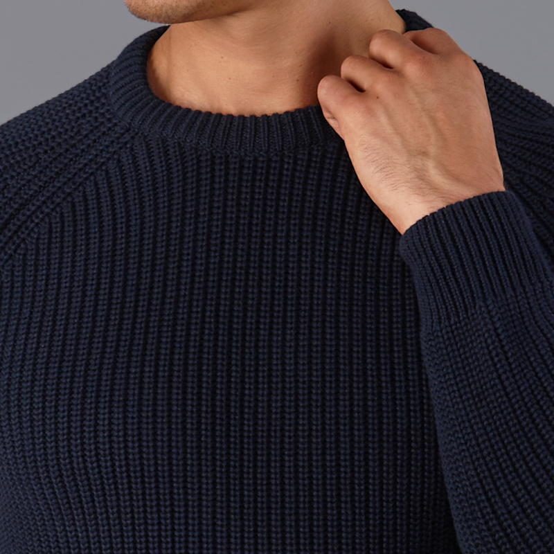 Mens Cotton Clark Fisherman Rib Knit Jumper Navy Paul James