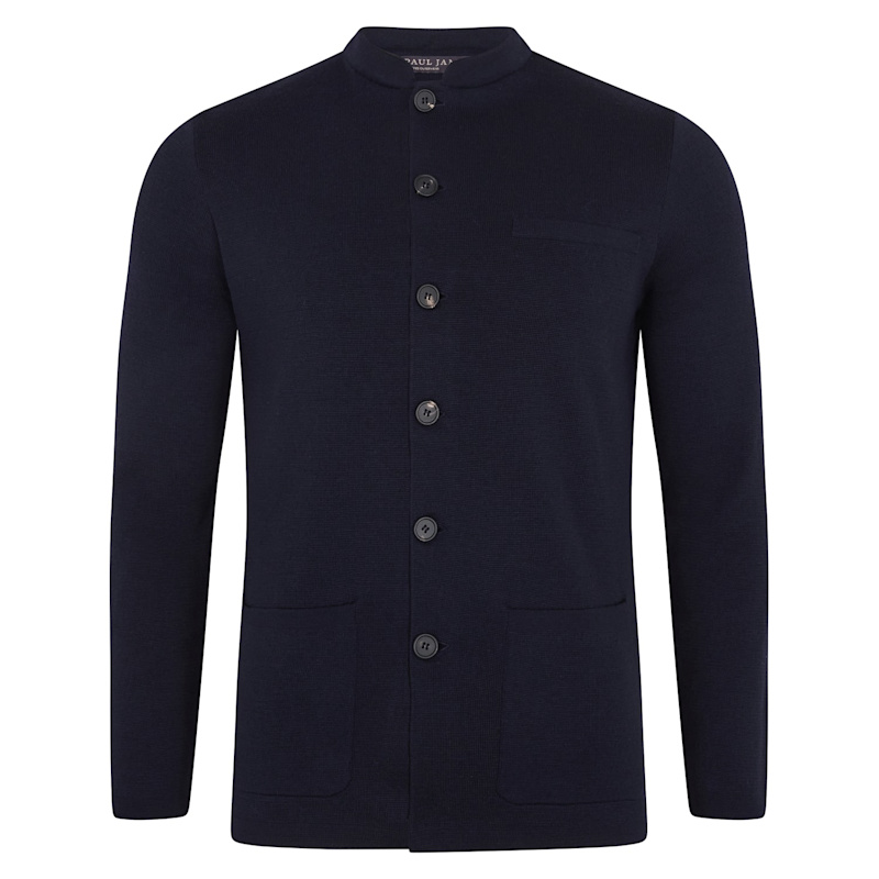 Mens Extra Fine Merino Wool Alonzo Knitted Nehru Jacket - Navy