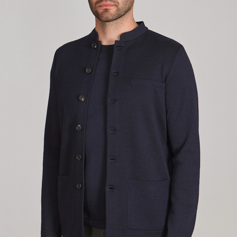 Mens Extra Fine Merino Wool Alonzo Knitted Nehru Jacket - Navy