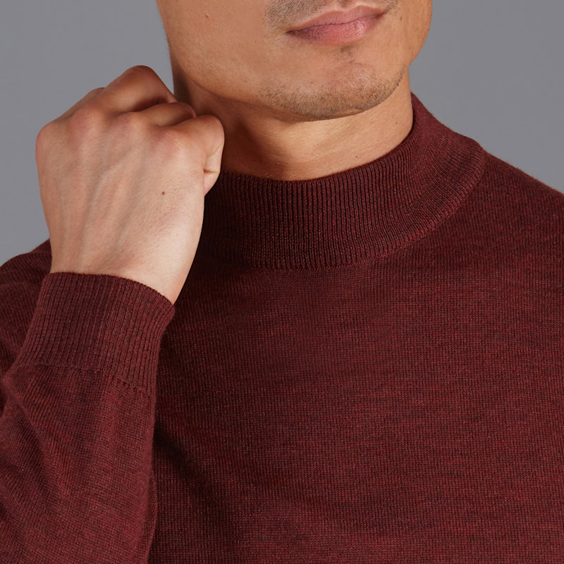 Mens Extra Fine Merino Wool Mock Turtleneck Shaw Jumper Burgundy
