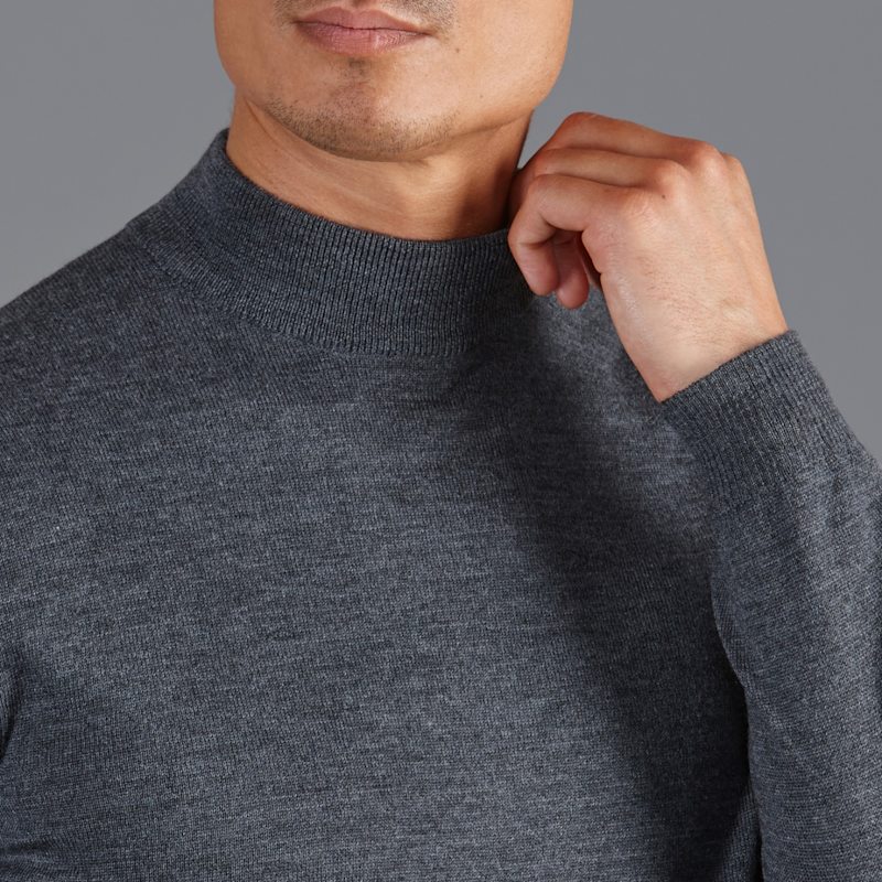 Mens Extra Fine Merino Wool Mock Turtleneck Shaw Jumper - Charcoal