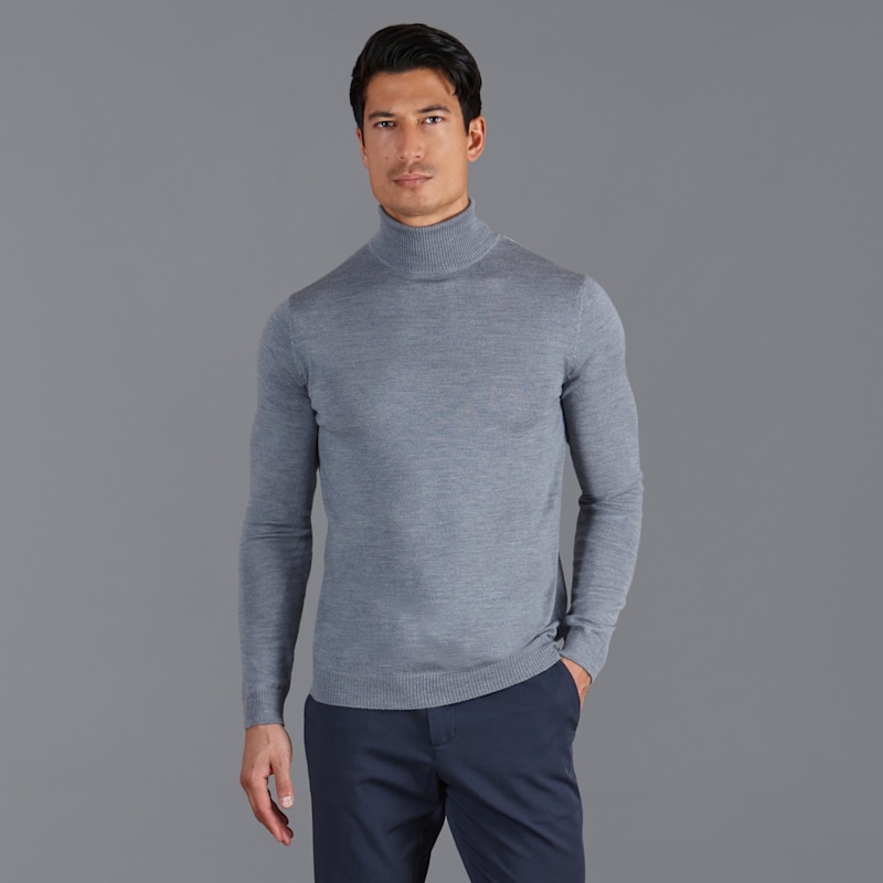 Mens Extra Fine Merino Wool Weston Roll Neck Jumper Mid Grey by Paul  James Knitwear