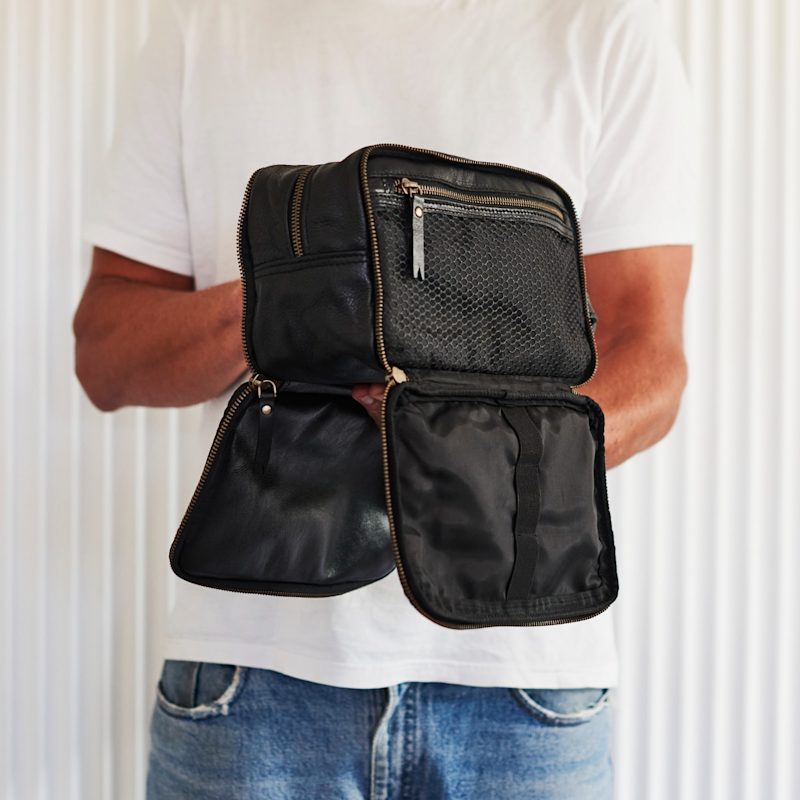 Thumbnail of Mens Leather Fold Out Wash Bag - Black image