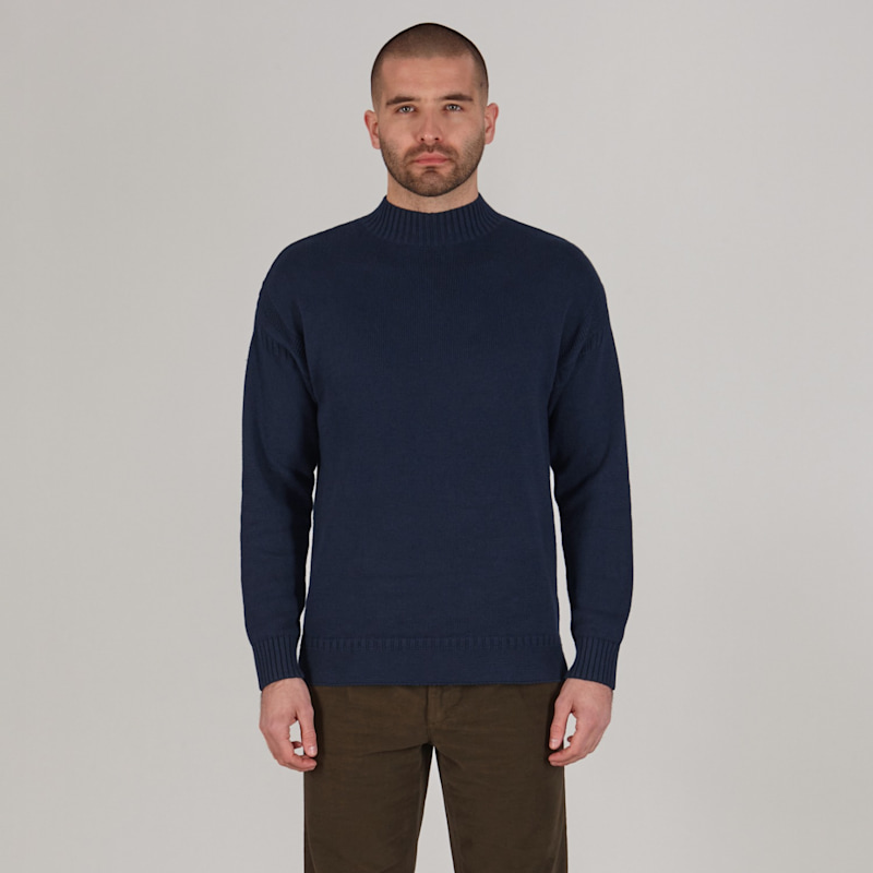 Thumbnail of Mens Midweight Cotton Linen Sark Mock Neck Gansey Jumper - Navy image