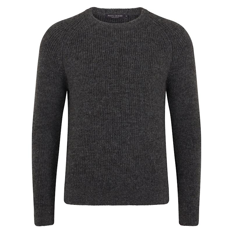Mens Sheepsoft British Wool Byron Fisherman Rib Knit Jumper Charcoal by  Paul James Knitwear
